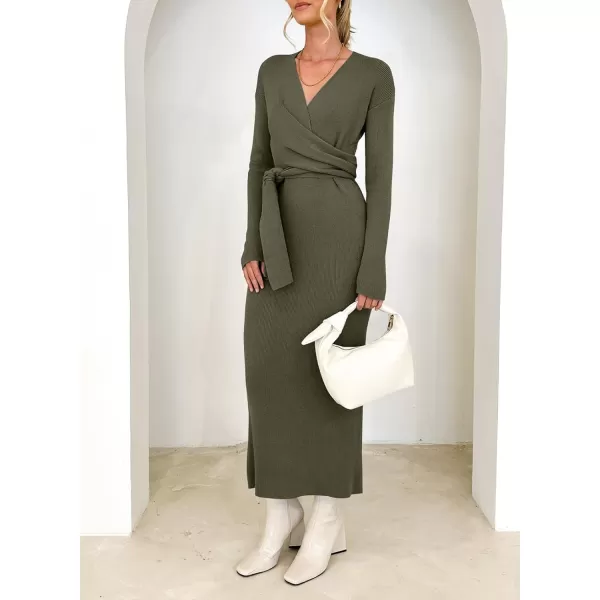 Happy Sailed Womens Knit Dress Fall Long Sleeve Wrap V Neck Tie Waist Ribbed Sweater Dresses