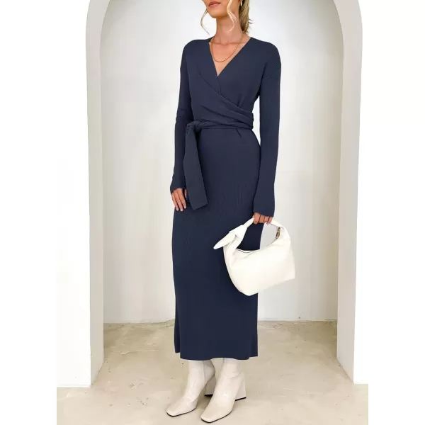 Happy Sailed Womens Knit Dress Fall Long Sleeve Wrap V Neck Tie Waist Ribbed Sweater Dresses