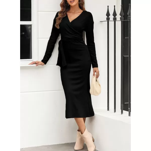 Happy Sailed Womens Knit Dress Fall Long Sleeve Wrap V Neck Tie Waist Ribbed Sweater Dresses