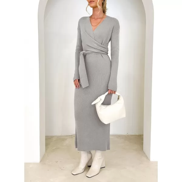 Happy Sailed Womens Knit Dress Fall Long Sleeve Wrap V Neck Tie Waist Ribbed Sweater Dresses