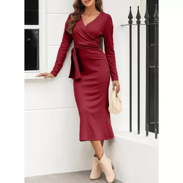 Happy Sailed Womens Knit Dress Fall Long Sleeve Wrap V Neck Tie Waist Ribbed Sweater Dresses
