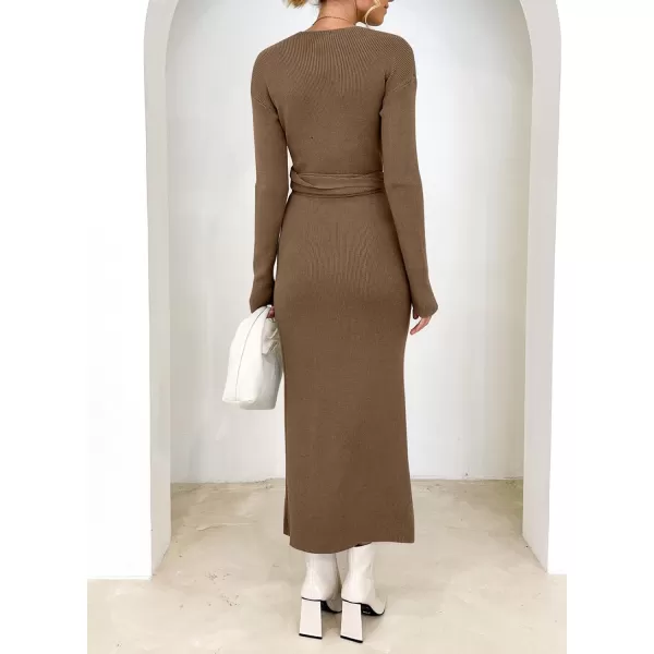 Happy Sailed Womens Knit Dress Fall Long Sleeve Wrap V Neck Tie Waist Ribbed Sweater Dresses