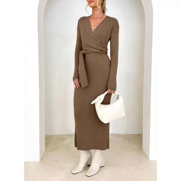 Happy Sailed Womens Knit Dress Fall Long Sleeve Wrap V Neck Tie Waist Ribbed Sweater Dresses