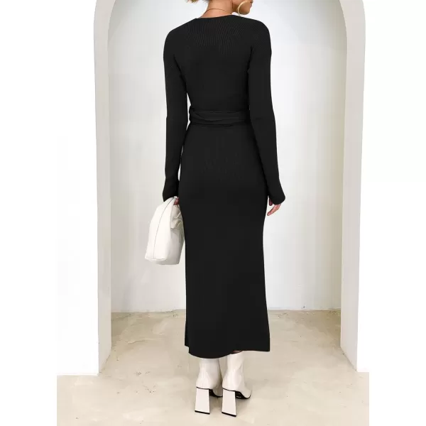 Happy Sailed Womens Knit Dress Fall Long Sleeve Wrap V Neck Tie Waist Ribbed Sweater Dresses
