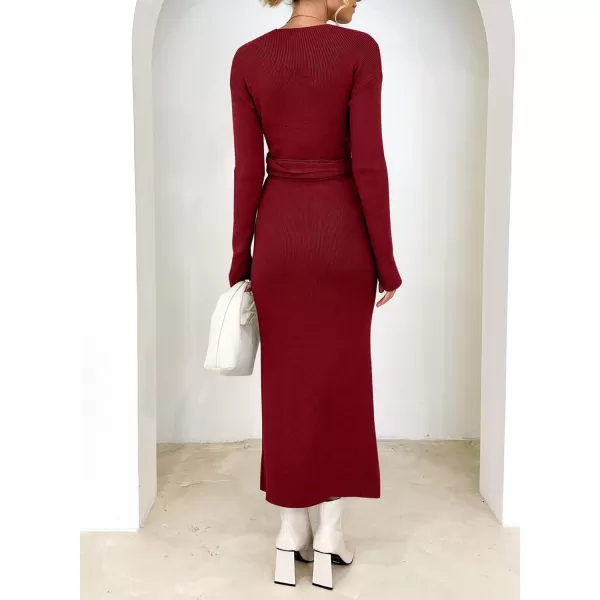 Happy Sailed Womens Knit Dress Fall Long Sleeve Wrap V Neck Tie Waist Ribbed Sweater Dresses