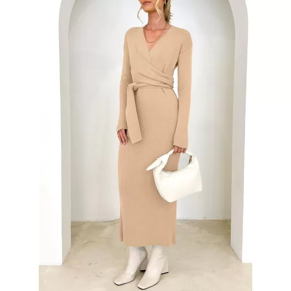 Happy Sailed Womens Knit Dress Fall Long Sleeve Wrap V Neck Tie Waist Ribbed Sweater Dresses