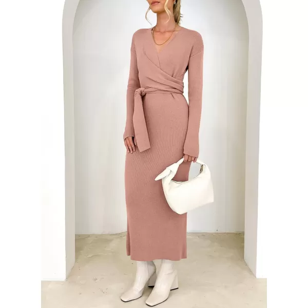 Happy Sailed Womens Knit Dress Fall Long Sleeve Wrap V Neck Tie Waist Ribbed Sweater Dresses