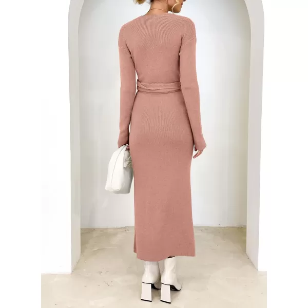 Happy Sailed Womens Knit Dress Fall Long Sleeve Wrap V Neck Tie Waist Ribbed Sweater Dresses