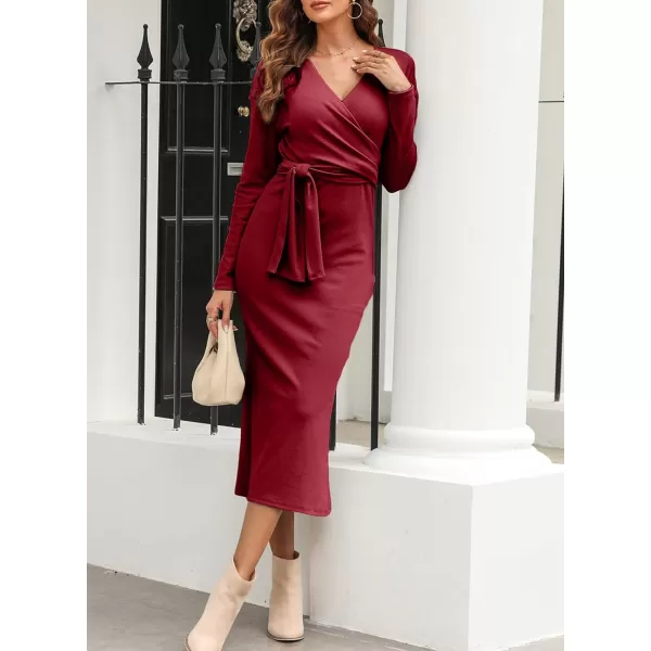 Happy Sailed Womens Knit Dress Fall Long Sleeve Wrap V Neck Tie Waist Ribbed Sweater Dresses