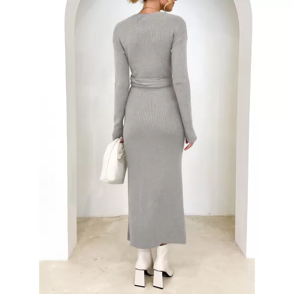 Happy Sailed Womens Knit Dress Fall Long Sleeve Wrap V Neck Tie Waist Ribbed Sweater Dresses