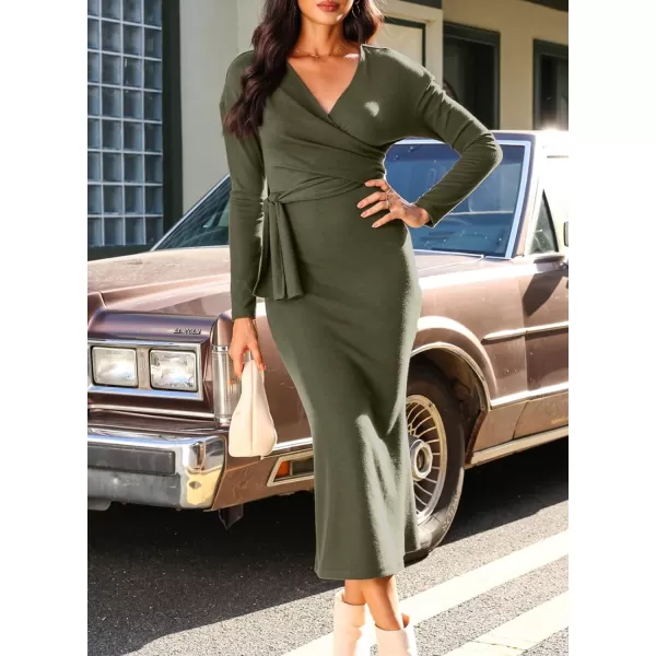 Happy Sailed Womens Knit Dress Fall Long Sleeve Wrap V Neck Tie Waist Ribbed Sweater Dresses