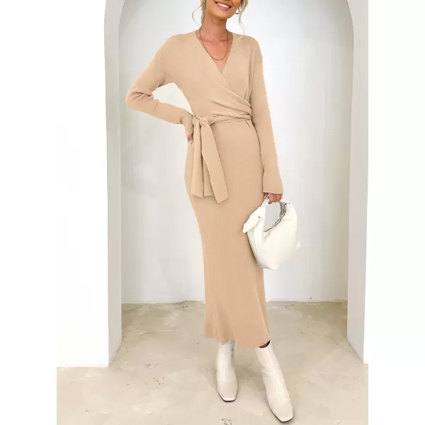 Happy Sailed Womens Knit Dress Fall Long Sleeve Wrap V Neck Tie Waist Ribbed Sweater Dresses