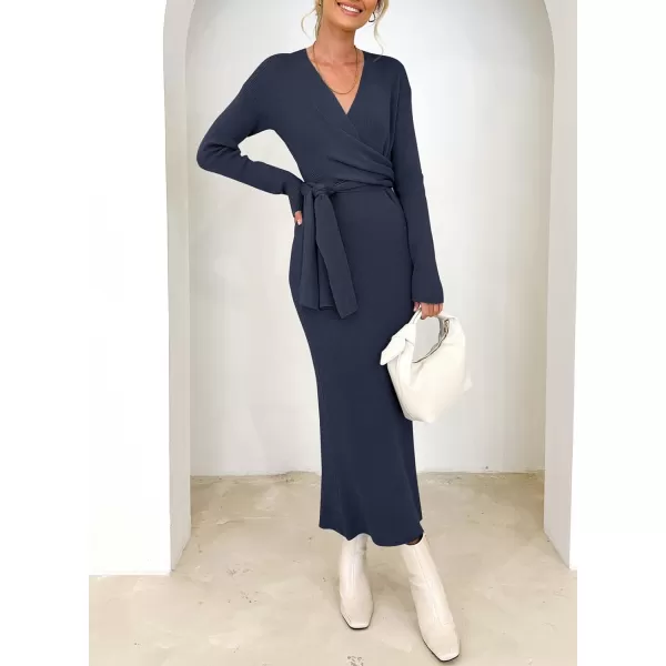Happy Sailed Womens Knit Dress Fall Long Sleeve Wrap V Neck Tie Waist Ribbed Sweater Dresses