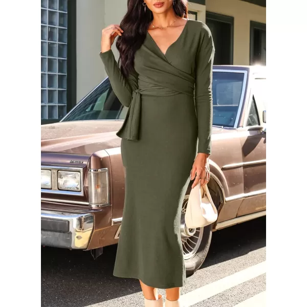 Happy Sailed Womens Knit Dress Fall Long Sleeve Wrap V Neck Tie Waist Ribbed Sweater Dresses