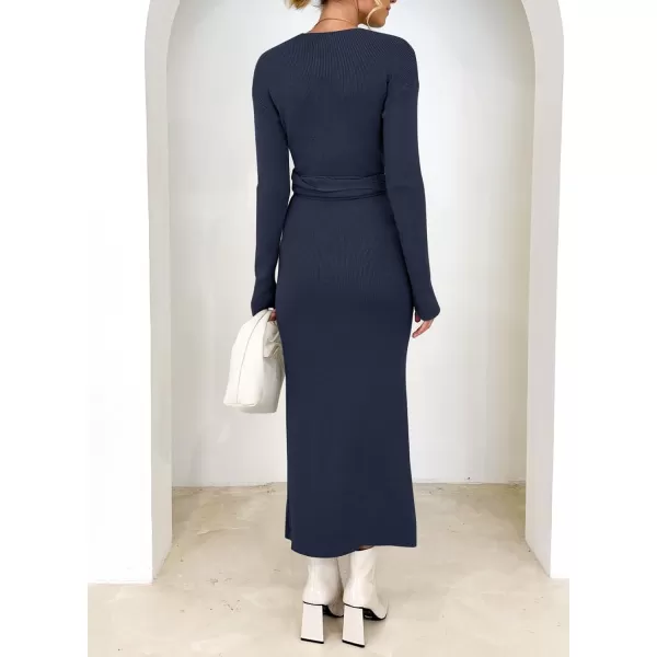 Happy Sailed Womens Knit Dress Fall Long Sleeve Wrap V Neck Tie Waist Ribbed Sweater Dresses