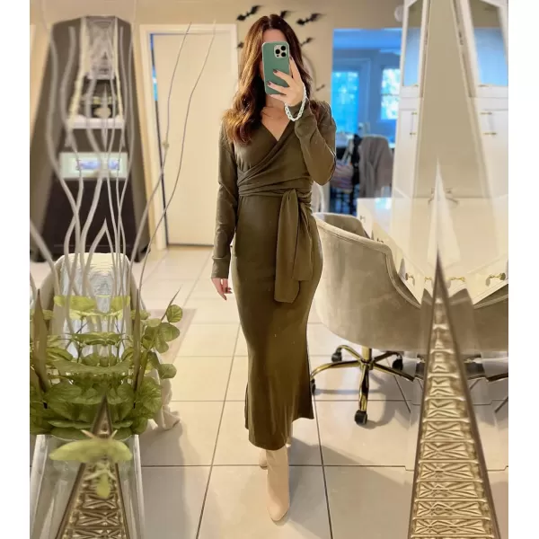 Happy Sailed Womens Knit Dress Fall Long Sleeve Wrap V Neck Tie Waist Ribbed Sweater Dresses