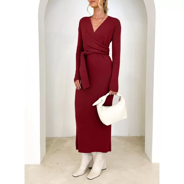 Happy Sailed Womens Knit Dress Fall Long Sleeve Wrap V Neck Tie Waist Ribbed Sweater Dresses