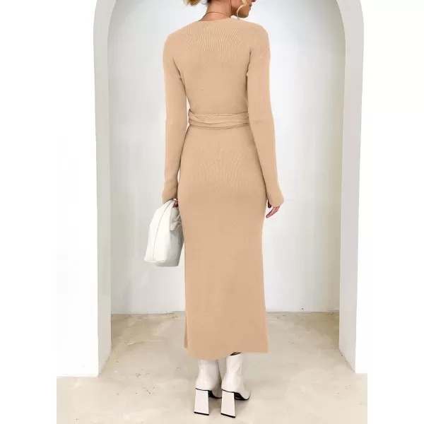 Happy Sailed Womens Knit Dress Fall Long Sleeve Wrap V Neck Tie Waist Ribbed Sweater Dresses