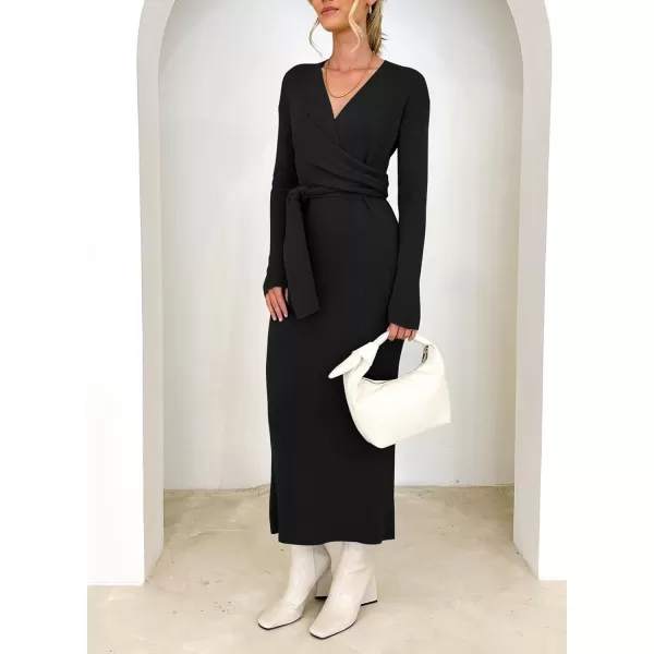 Happy Sailed Womens Knit Dress Fall Long Sleeve Wrap V Neck Tie Waist Ribbed Sweater Dresses