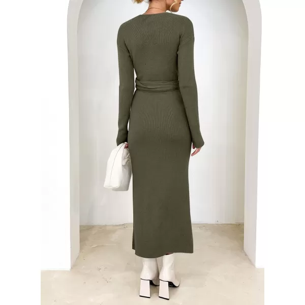 Happy Sailed Womens Knit Dress Fall Long Sleeve Wrap V Neck Tie Waist Ribbed Sweater Dresses