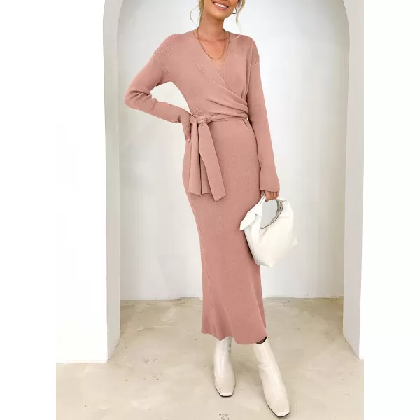 Happy Sailed Womens Knit Dress Fall Long Sleeve Wrap V Neck Tie Waist Ribbed Sweater Dresses
