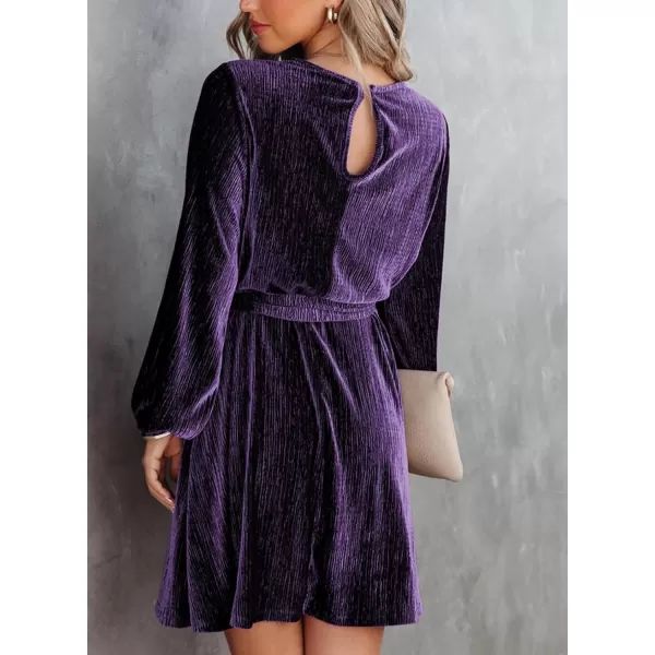 Happy Sailed Women's Velvet Cocktail Dress Fall Fashion Lantern Sleeve High Waist A-Line Skater Party Dresses with Belt