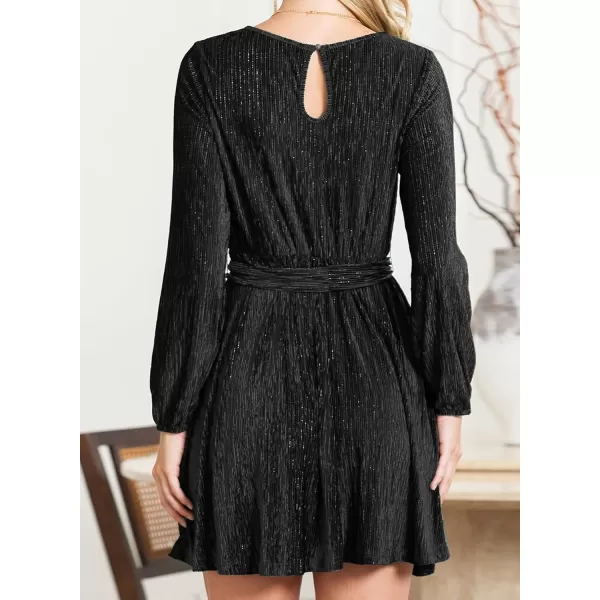 Happy Sailed Women's Velvet Cocktail Dress Fall Fashion Lantern Sleeve High Waist A-Line Skater Party Dresses with Belt
