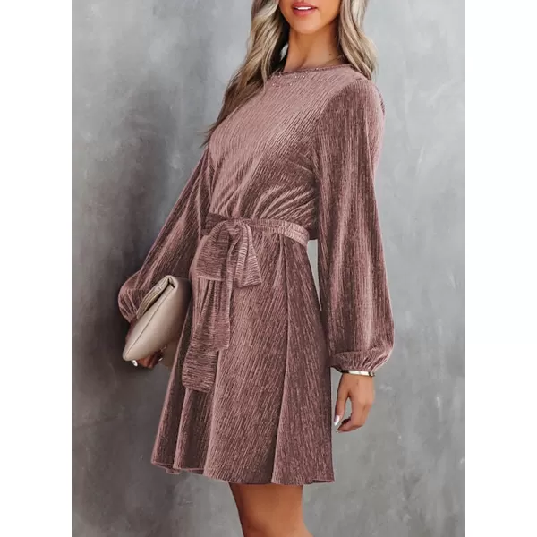 Happy Sailed Women's Velvet Cocktail Dress Fall Fashion Lantern Sleeve High Waist A-Line Skater Party Dresses with Belt
