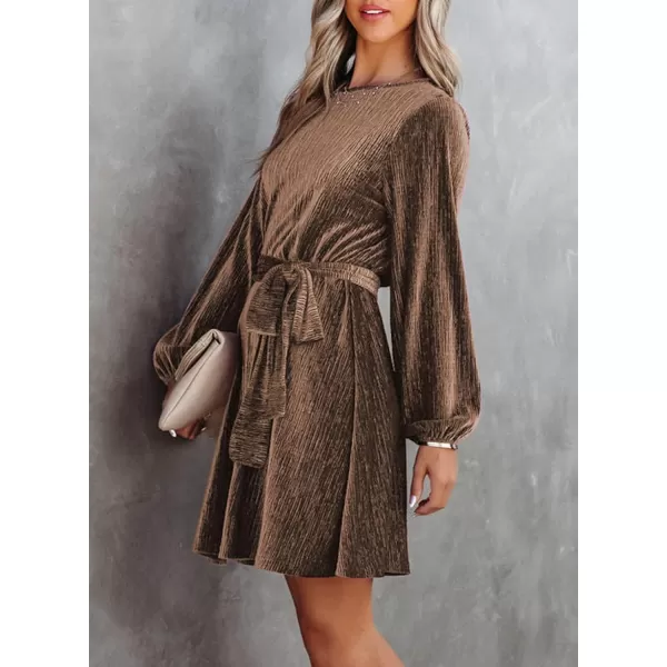 Happy Sailed Women's Velvet Cocktail Dress Fall Fashion Lantern Sleeve High Waist A-Line Skater Party Dresses with Belt