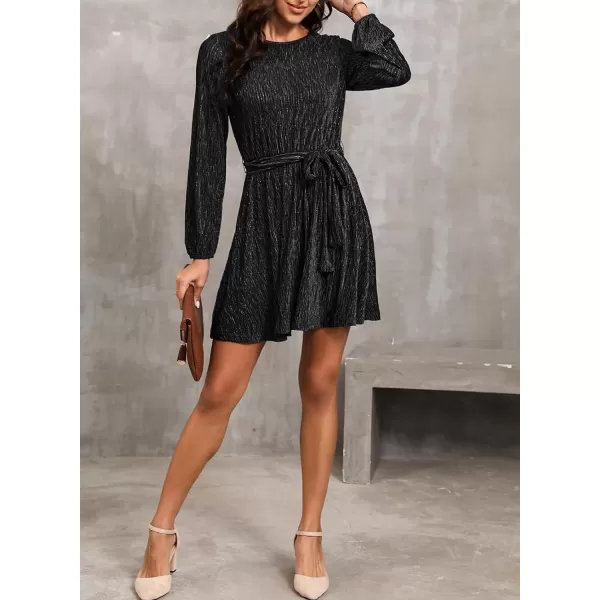 Happy Sailed Women's Velvet Cocktail Dress Fall Fashion Lantern Sleeve High Waist A-Line Skater Party Dresses with Belt