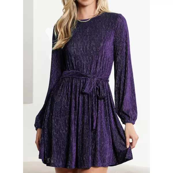 Happy Sailed Women's Velvet Cocktail Dress Fall Fashion Lantern Sleeve High Waist A-Line Skater Party Dresses with Belt