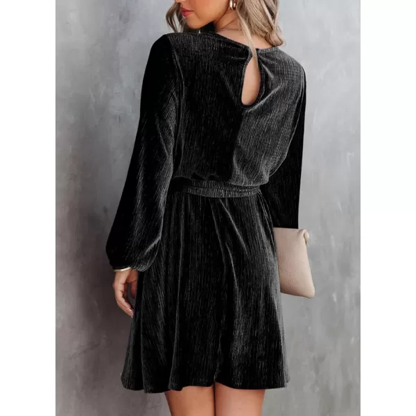 Happy Sailed Women's Velvet Cocktail Dress Fall Fashion Lantern Sleeve High Waist A-Line Skater Party Dresses with Belt
