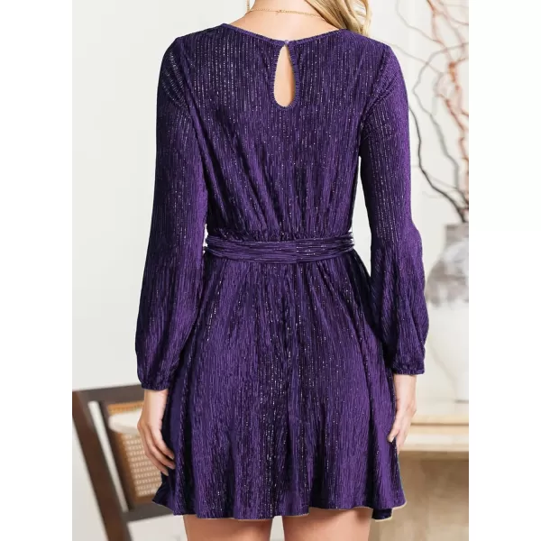Happy Sailed Women's Velvet Cocktail Dress Fall Fashion Lantern Sleeve High Waist A-Line Skater Party Dresses with Belt