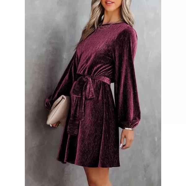 Happy Sailed Women's Velvet Cocktail Dress Fall Fashion Lantern Sleeve High Waist A-Line Skater Party Dresses with Belt