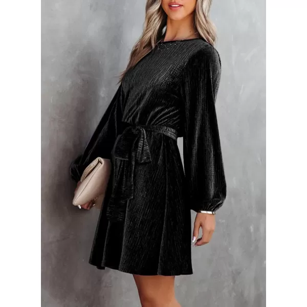 Happy Sailed Women's Velvet Cocktail Dress Fall Fashion Lantern Sleeve High Waist A-Line Skater Party Dresses with Belt