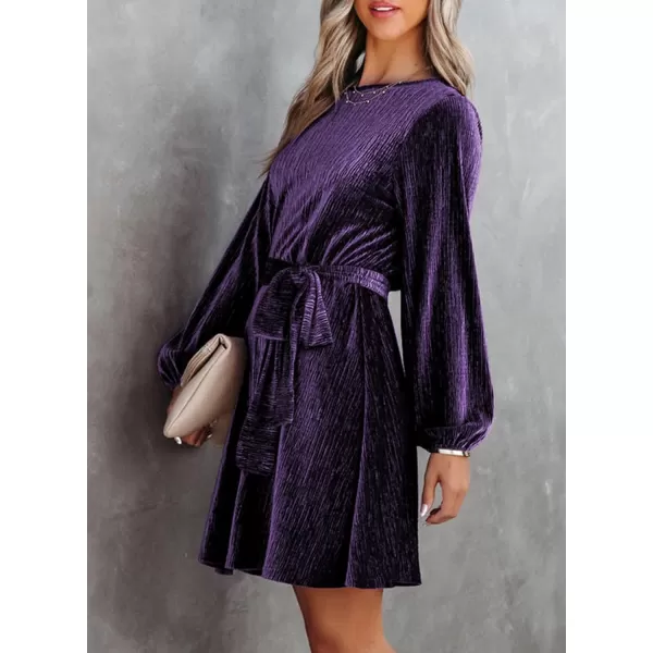 Happy Sailed Women's Velvet Cocktail Dress Fall Fashion Lantern Sleeve High Waist A-Line Skater Party Dresses with Belt