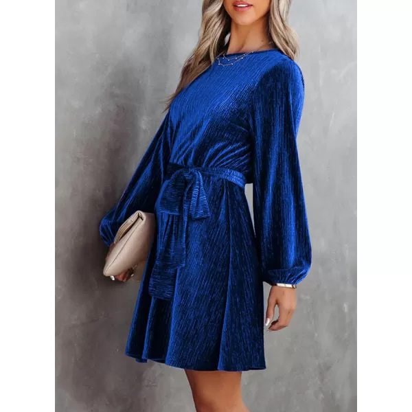 Happy Sailed Women's Velvet Cocktail Dress Fall Fashion Lantern Sleeve High Waist A-Line Skater Party Dresses with Belt