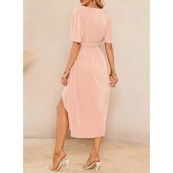 Happy Sailed Women's Wrap V Neck Midi Dress Formal Short Sleeve Pleated Cocktail Party Dresses with Belt
