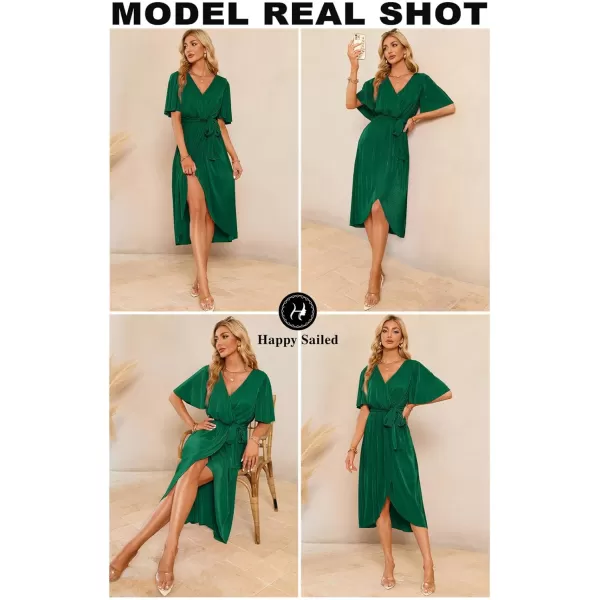Happy Sailed Women's Wrap V Neck Midi Dress Formal Short Sleeve Pleated Cocktail Party Dresses with Belt