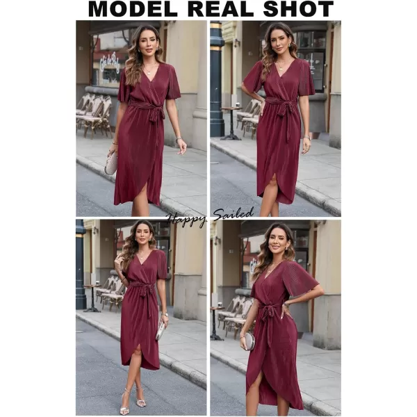 Happy Sailed Women's Wrap V Neck Midi Dress Formal Short Sleeve Pleated Cocktail Party Dresses with Belt