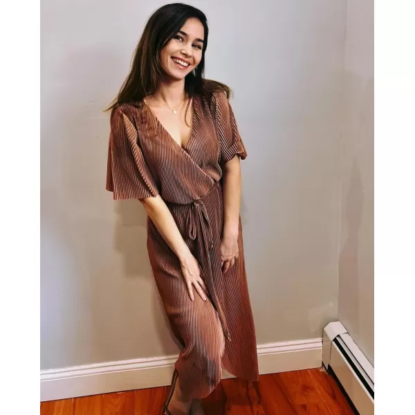 Happy Sailed Women's Wrap V Neck Midi Dress Formal Short Sleeve Pleated Cocktail Party Dresses with Belt