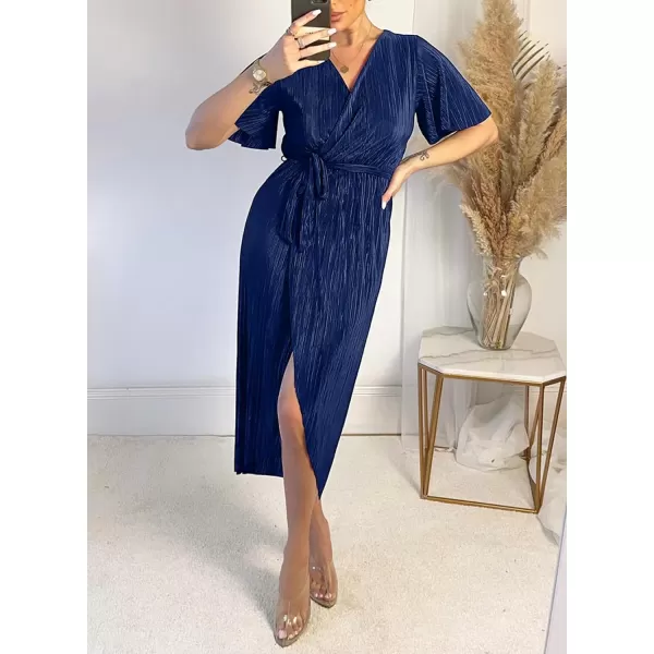 Happy Sailed Women's Wrap V Neck Midi Dress Formal Short Sleeve Pleated Cocktail Party Dresses with Belt