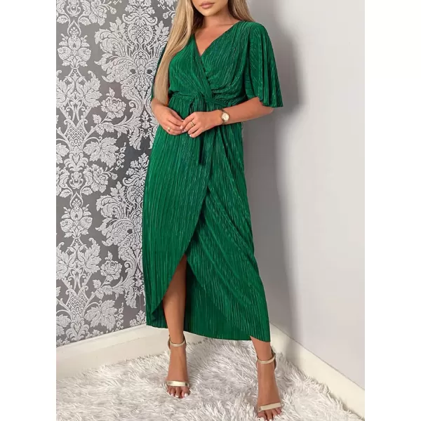 Happy Sailed Women's Wrap V Neck Midi Dress Formal Short Sleeve Pleated Cocktail Party Dresses with Belt