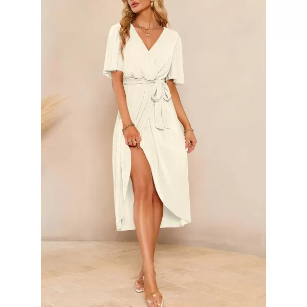 Happy Sailed Women's Wrap V Neck Midi Dress Formal Short Sleeve Pleated Cocktail Party Dresses with Belt