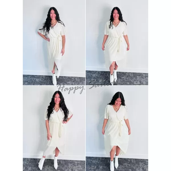 Happy Sailed Women's Wrap V Neck Midi Dress Formal Short Sleeve Pleated Cocktail Party Dresses with Belt