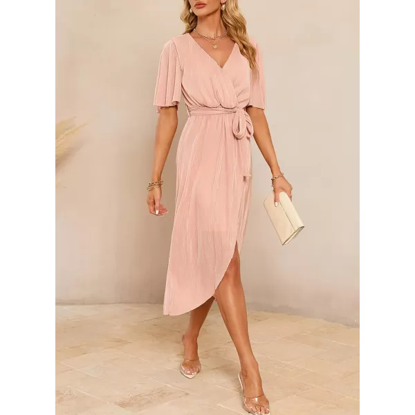Happy Sailed Women's Wrap V Neck Midi Dress Formal Short Sleeve Pleated Cocktail Party Dresses with Belt