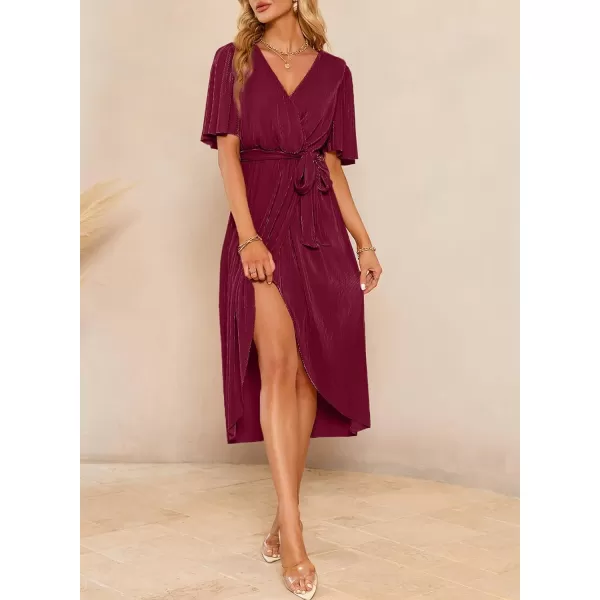 Happy Sailed Women's Wrap V Neck Midi Dress Formal Short Sleeve Pleated Cocktail Party Dresses with Belt