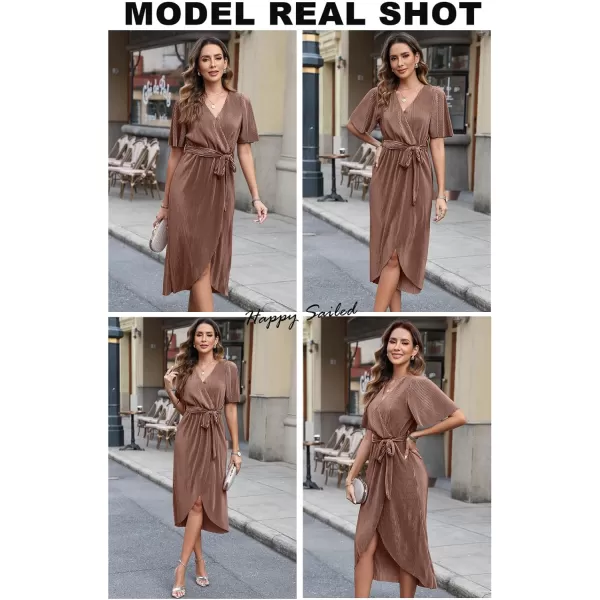 Happy Sailed Women's Wrap V Neck Midi Dress Formal Short Sleeve Pleated Cocktail Party Dresses with Belt