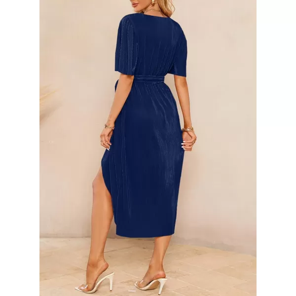 Happy Sailed Women's Wrap V Neck Midi Dress Formal Short Sleeve Pleated Cocktail Party Dresses with Belt