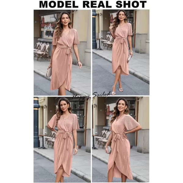 Happy Sailed Women's Wrap V Neck Midi Dress Formal Short Sleeve Pleated Cocktail Party Dresses with Belt